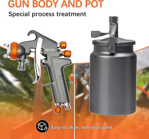 Vista 5 de REFINE Pistola pulverizadora, pistola de pulverización de aire con sifón, boquilla de 0.071 in, taza de aluminio de 1000 cc, proceso especial, fácil