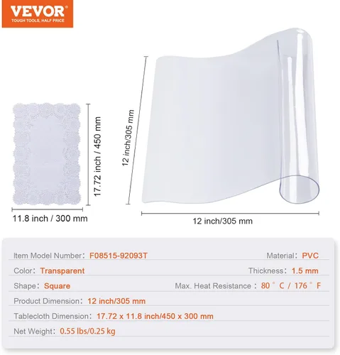 Vista 7 de VEVOR - Mantel cuadrado transparente de PVC, 12" x 12", 1.5mm de grosor, impermeable, resistente a manchas, duradero, para escritorio, mesa de café