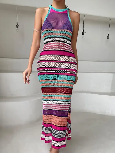 Vista 4 de Verdusa Vestido de playa para mujer, con abertura en el muslo, a rayas, para cubrir el bikini