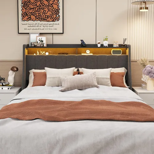 Vista 4 de HAUSHECK Base de cama Queen con cabecera de almacenamiento, 4 cajones y luces LED, cama de plataforma tapizada con cabecera de alas, marco de cama