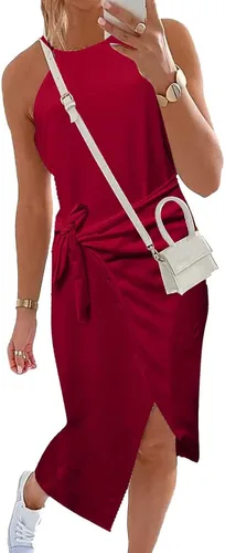 Vista 4 de Vestido de verano sin mangas para mujer vestido casual con cuello halter y abertura frontal vestido midi con cinturón Negro vino verde militar
