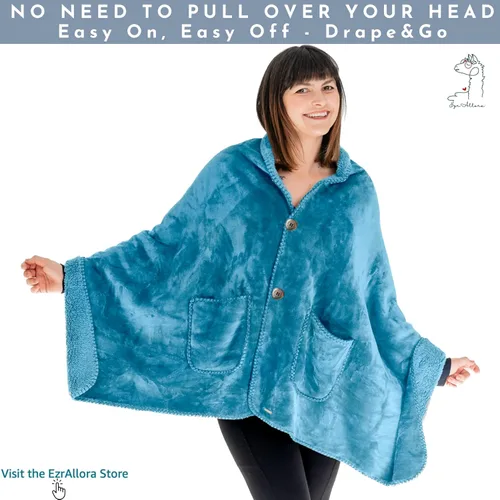 Vista 2 de EzrAllora Fleece Poncho Blanket - Drape&Go No Sleeves- Lightweight Wrap Shawl - Wearable Blanket - Easy On Easy Off
