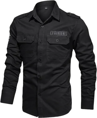 Vista 4 de Camisas tipo cargo de estilo militar para hombre, manga larga, con botones, para ejercicio al aire libre, blusas con bolsillos