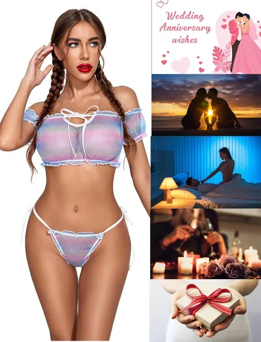 Vista 123 de Avidlove - Conjunto de brasier y braga con volantes, conjunto de lencería tipo babydoll de malla