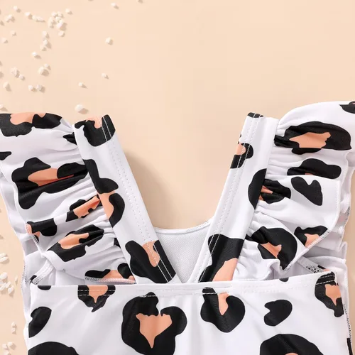 Vista 7 de Traje de baño de una sola pieza a cuadros para bebé, traje de baño de playa con volantes de leopardo