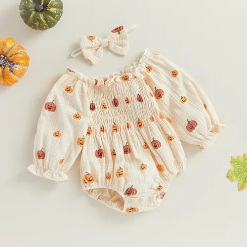 Vista 3 de Ropa de Halloween para bebé niña, lindo mameluco de calabaza de algodón y lino de manga larga, overol de otoño