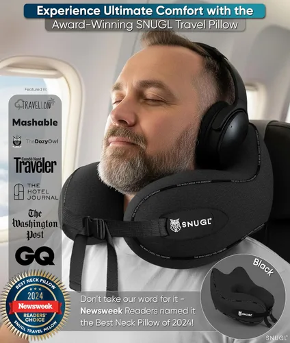 Vista 2 de SNUGL Almohada de viaje – Almohada cervical de avión, almohadas de viaje para aviones, almohadas cervicales de espuma viscoelástica – Esenciales