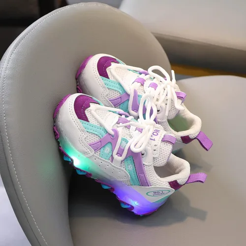 Vista 7 de Zapatos de vestir ajustables para caminar para bebés y niñas zapatos deportivos luminosos zapatos de bebé ligeros con brillo morado 12-18 meses