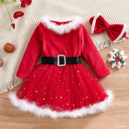 Vista 3 de BBAUER Disfraz de Santa Claus, vestido de manga larga de Xmmas Mrs. Claus, traje de Papá Noel con ribete fruncido, lazo rojo de la señora Claus