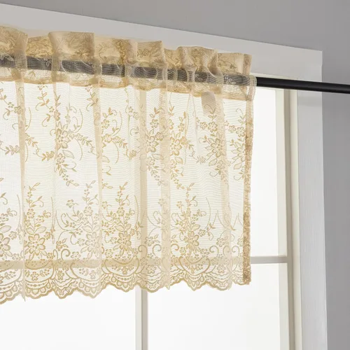Vista 2 de Kotile - Cenefa de encaje beige para ventanas de estilo rústico campestre con diseño floral de vid, fondo ondulado, cenefa transparente de encaje