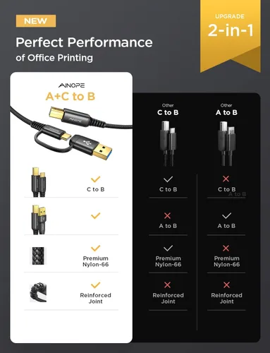 Vista 2 de AINOPE - Cable de impresora de 2 metros negro, cable USB para MacBook Pro USB A y USB C a USB-B 2.0, cable MIDI USB C de nylon trenzado nuevo, nunca