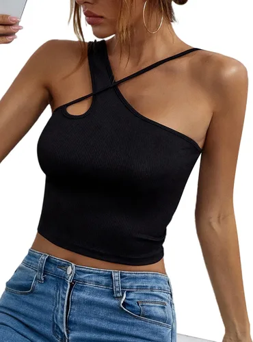Vista 4 de Remidoo Top corto sexy con tirantes asimétricos y corte de punto acanalado para mujer