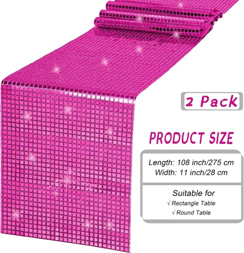 Vista 2 de Durony Paquete de 2 caminos de mesa disco de 11 x 108 pulgadas, espejo rosa intenso con laminado de purpurina y lentejuelas brillantes