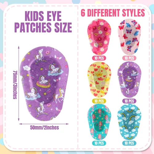 Vista 2 de Panelee 60 parches adhesivos para ojos, a granel, transpirables, coloridos, diseños divertidos, de 3 x 2 pulgadas, vendajes de algodón con bloqueo