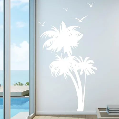 Vista 4 de Innovative Stencils 1132 84 mblack mirror Palm Coconut Tree Nursery Wall Decal with Seagull Birds, color blanco