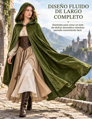 Vista 6 de JPXH Capa medieval con capucha renacentista para hombres y mujeres, disfraz de Halloween Verde