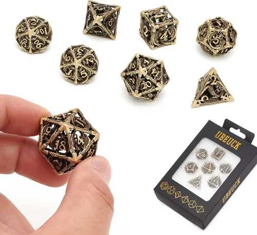 Vista 12 de Dados DND, dados de metal huecos D&D, juego de dados de mazmorras y dragones con caja de regalo, 7 piezas de juegos de dados poliédricos steampunk