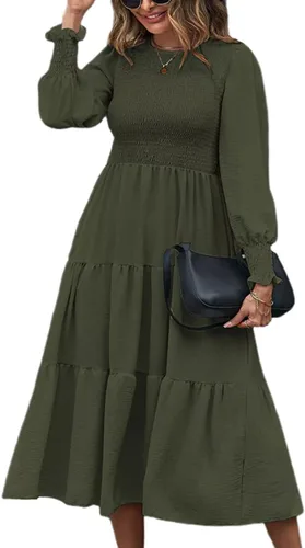 Vista 3 de SEBOWEL Vestido largo de manga larga con cuello redondo para mujer, con volantes escalonados, acampanado, vestido fluido para fiesta de cóctel