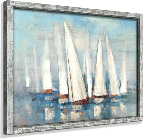 Vista 12 de Pintura enmarcada de paisaje marino: arte abstracto del océano, imagen costera, impresiones de veleros en madera en estilo moderno para decoración