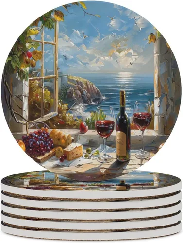 Vista 24 de 4 posavasos de vino tinto, cuadrados y modernos posavasos absorbentes de cerámica, estilo de pintura al óleo, vintage, vino tinto, uvas, rosa