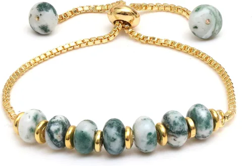 Vista 19 de Gempires - Pulsera de cuentas redondas naturales, chapada en oro amarillo de 14 quilates, joyería hecha a mano, pulseras ajustables para mujer