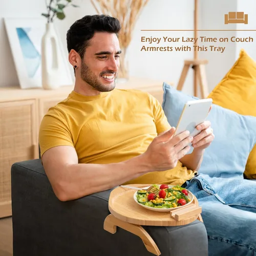 Vista 10 de SINWANT Mesa de brazo de sofá, mesa grande de bambú con clip para sofá con soporte para teléfono de 360°, mesa plegable para reposabrazos de sofá