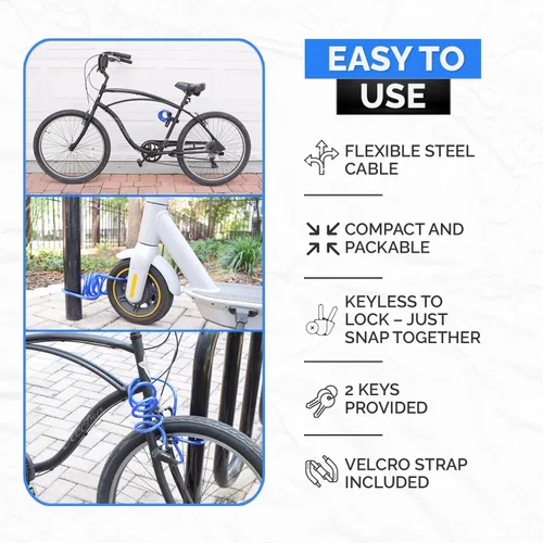 Vista 5 de DocksLocks Juego de candado de cable para bicicleta, cable de seguridad en espiral con cerradura de llave y soporte de montaje, protección antirrobo