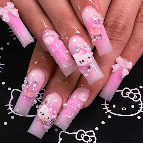 Vista 11 de Uñas postizas a presión con estampado de leopardo, lindas uñas postizas con dijes, uñas largas de ataúd, uñas postizas de cobertura completa