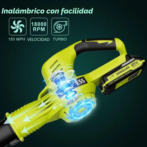 Vista 4 de Soplador de hojas inalámbrico, potente soplador eléctrico de hojas de 21 V con 2 baterías y cargador, 2 modos de velocidad, sopladores de hojas