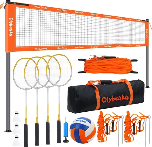 Vista 9 de Conjunto combinado de bádminton de voleibol al aire libre con red, diseño antiflacidez, 4 raquetas de bádminton, 3 pajaritos y voleibol