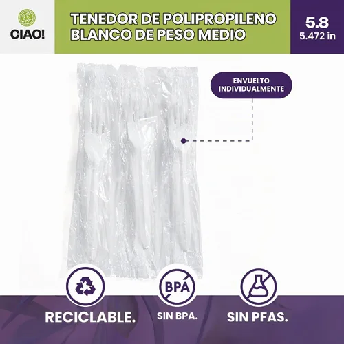 Vista 4 de CIAO! Tenedor blanco desechable de peso medio de 5.8 pulgadas de polipropileno envuelto individualmente (caja de 1000)
