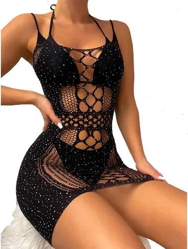 Vista 3 de Jenaforte Rhinestone tachonado ahueca hacia fuera cubrir traje de baño de malla sexy ver a través de traje de baño corto vestido de baño