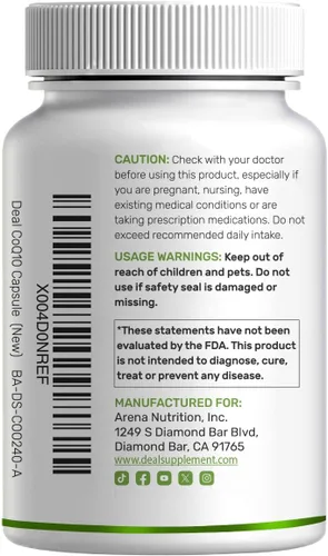 Vista 7 de DEAL SUPPLEMENT CoQ10 100mg con Omega 3 100 mg, 240 cápsulas Fórmula de coenzima Q10 biodisponible Sin OMG