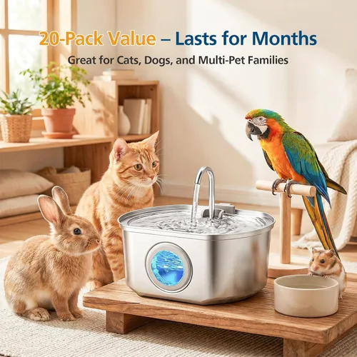 Vista 8 de Paquete de 20 filtros de repuesto para fuente de agua para gatos Rellaty & Neareal de acero inoxidable de 108 onzas / 3.2 L de flujo de agua