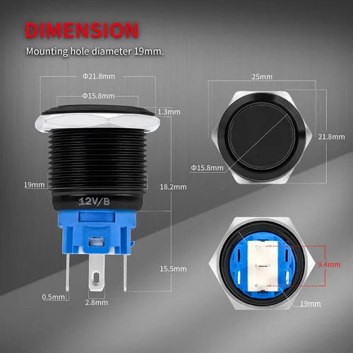Vista 2 de DaierTek - Interruptor de botón de encendido y apagado, 0.472 in CC, 4 pines, 12 V, impermeable, interruptor de metal con arnés de cableado y luz