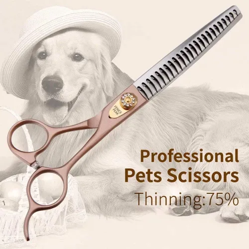 Vista 2 de Tijeras de adelgazamiento para perros y gatos, tijeras de aseo de mascotas, tijeras de acero inoxidable 440C, tijeras profesionales para recortar