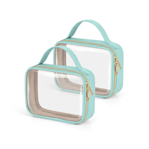 Vista 18 de Bolsa de aseo transparente Wedama, paquete de 2 bolsas de maquillaje transparentes con asas, bolsas cosméticas de PVC para mujeres y hombres, bolsas