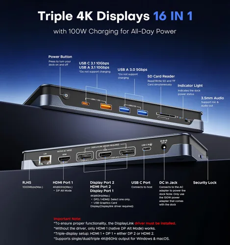 Vista 2 de Acer 16-in-1 DisplayLink Docking Station,Triple 4K@60Hz,130W Power Adapter
