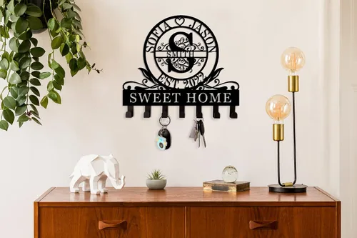 Vista 4 de Soporte personalizado para llaves de pared, ganchos de pared con nombre de familia, organizador de llaves de metal, decoración para colgar llaves