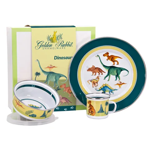 Vista 4 de Golden Rabbit Juego de vajilla infantil esmaltada: plato, taza y cuenco con tapa, conejitos azules