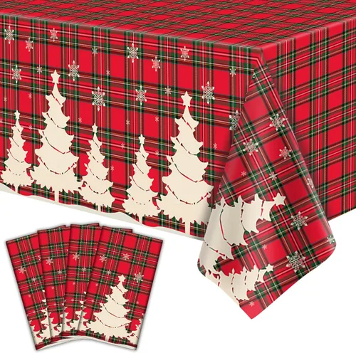 Vista 15 de Paquete de 4 manteles de Navidad para fiesta de Navidad, decoración de fiesta de Navidad, cubierta de mesa de Navidad con árbol de Navidad y copo