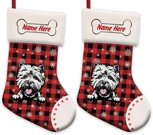 Vista 17 de Foto personalizada, Feliz Navidad, búfalo rojo, a cuadros, feliz perro, calcetín de Navidad, copo de nieve, decoración de vacaciones, calcetín