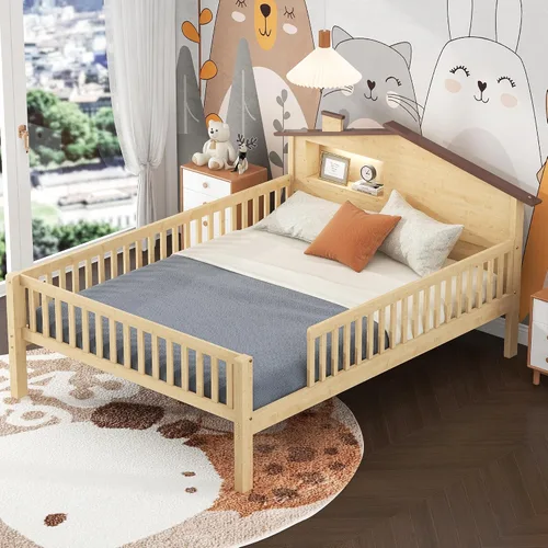 Vista 10 de VilroCaz Cama de plataforma de tamaño individual con barandilla y cabecera multifuncional, base de cama de plataforma de madera con 2 cajones