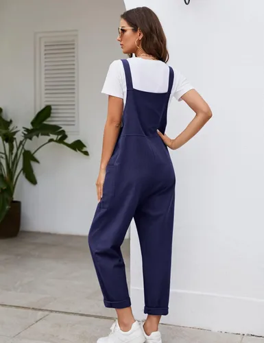 Vista 6 de COZYPOIN Overol casual para mujer, de pierna ancha, de algodón, holgado, casual, holgado, con peto