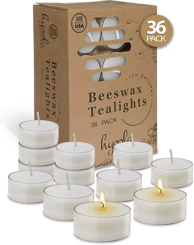 Vista 10 de Hyoola Velas de té de cera de abeja blanca pura, hechas a mano, decorativas sin perfume, velas de té, 4 horas de tiempo de combustión, taza Blanco