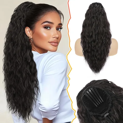 Vista 15 de BARSDAR Extensión de cola de caballo rizada ondulada con cordón negro marrón – 22 pulgadas de extensión de cabello sintético con peine de clip