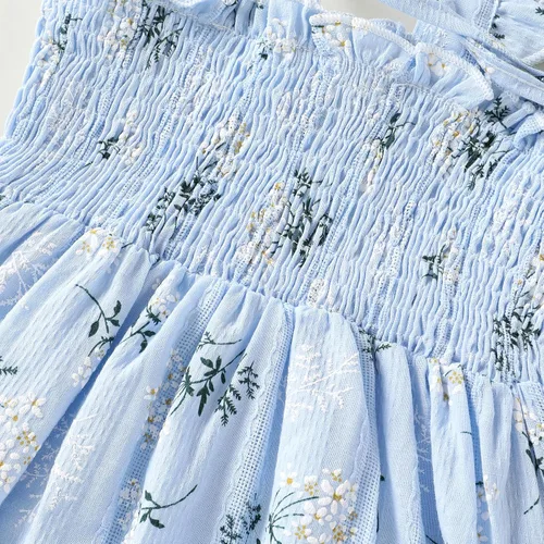 Vista 6 de JEELLIGULAR Vestido de mezclilla sin mangas con volantes y botones para niñas pequeñas, vestido de verano para playa, casual, acampanado, vestido