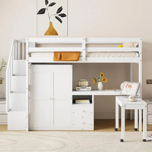 Vista 36 de VilroCaz Cama tipo loft de madera maciza de tamaño individual con escritorio y armario en forma de L Gris-8.4