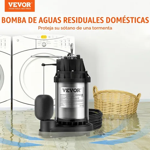 Vista 2 de VEVOR Bomba de sumidero sumergible de 1/2 HP, bomba de sumidero con superficie de acero inoxidable, cable de alimentación de 10 pies, descarga NPT