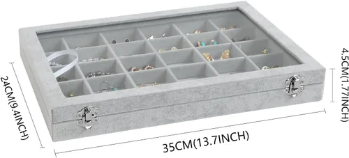 Vista 6 de Wudygirl Organizador de joyas de terciopelo con 30 rejillas, caja de joyas, bandeja de joyería con tapa transparente, estuche de almacenamiento